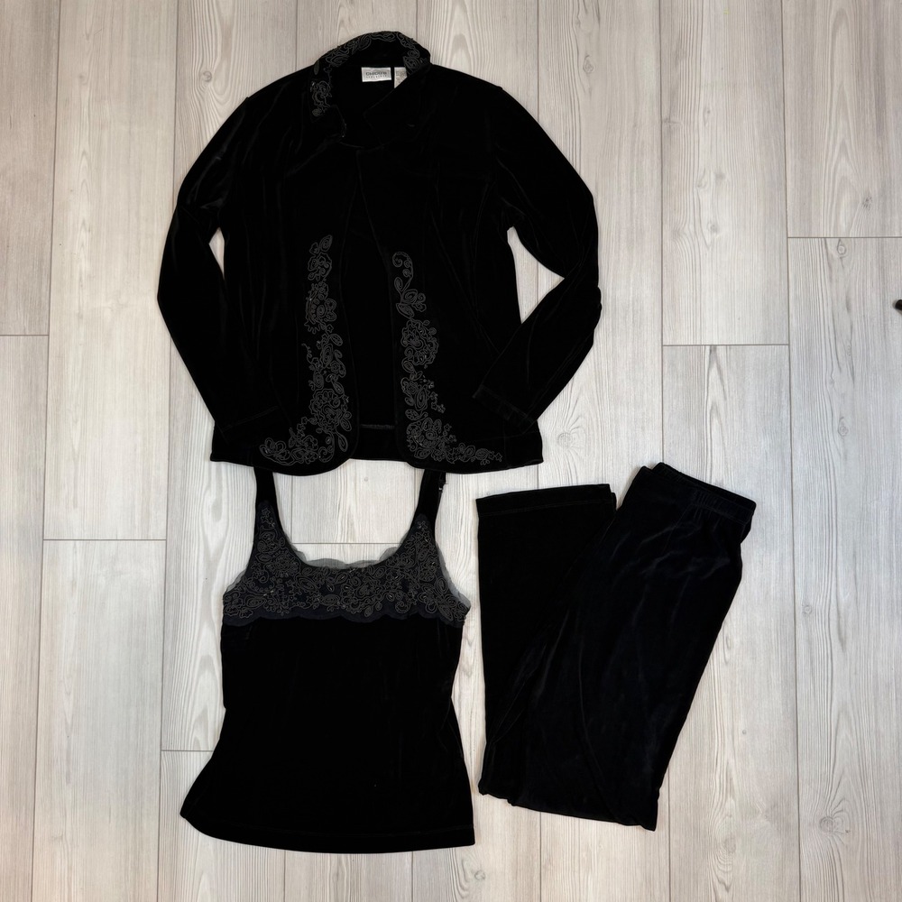 Chicos Travelers 3 Piece Set Black Embroidered Jacket Camisole Pants Size 1 M